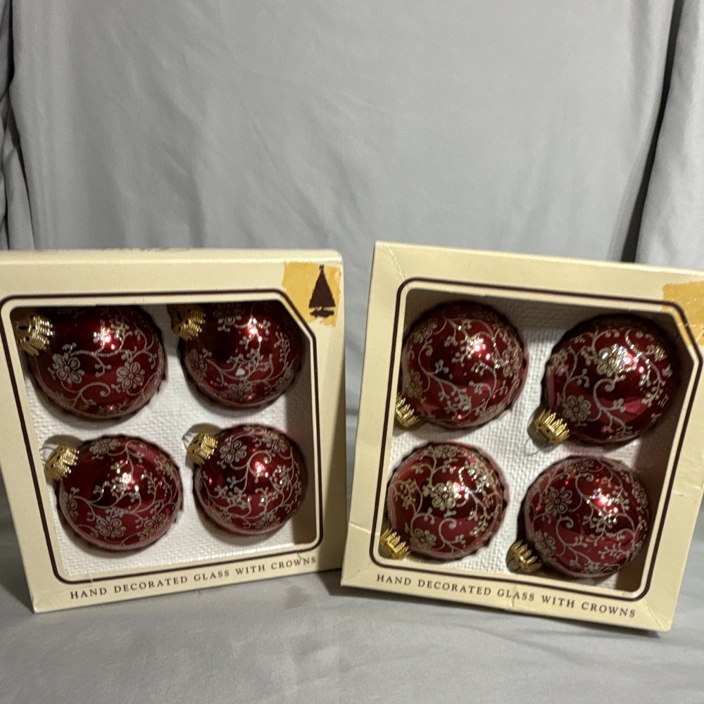 Krebs Hand Decorated Glass Round Floral Baubles Red/Gold/White Set of 4
